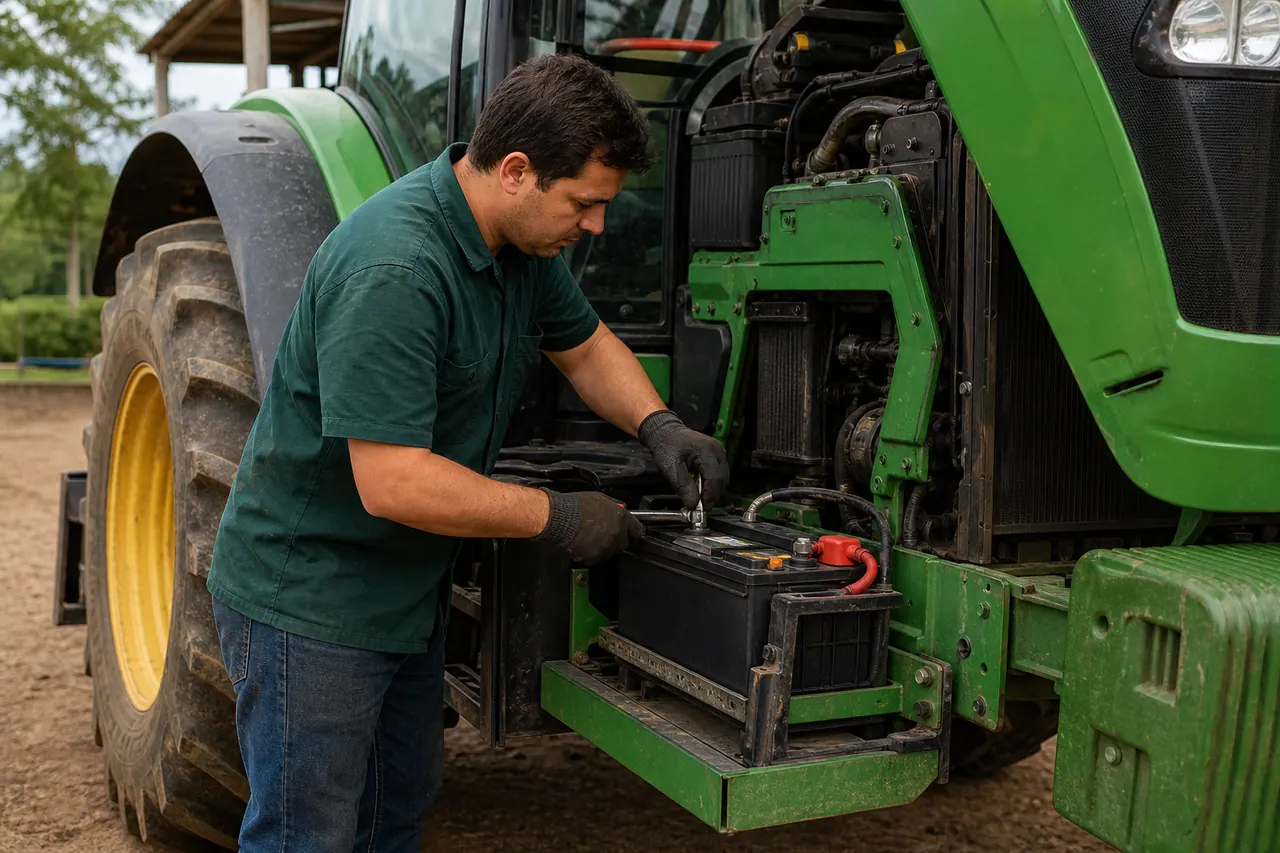 Técnico conectando uma bateria de alta capacidade em um trator agrícola