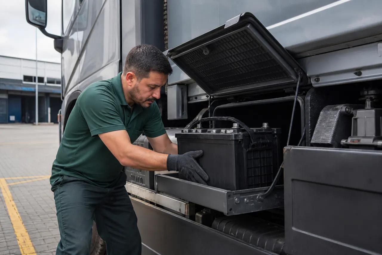 Técnico instalando uma bateria de alta capacidade no compartimento lateral de um caminhão
