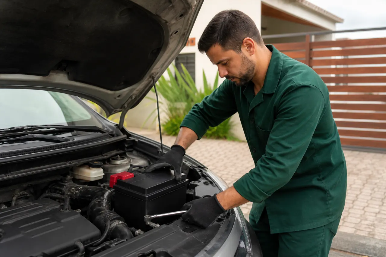 Técnico instalando uma bateria no compartimento do motor de um carro