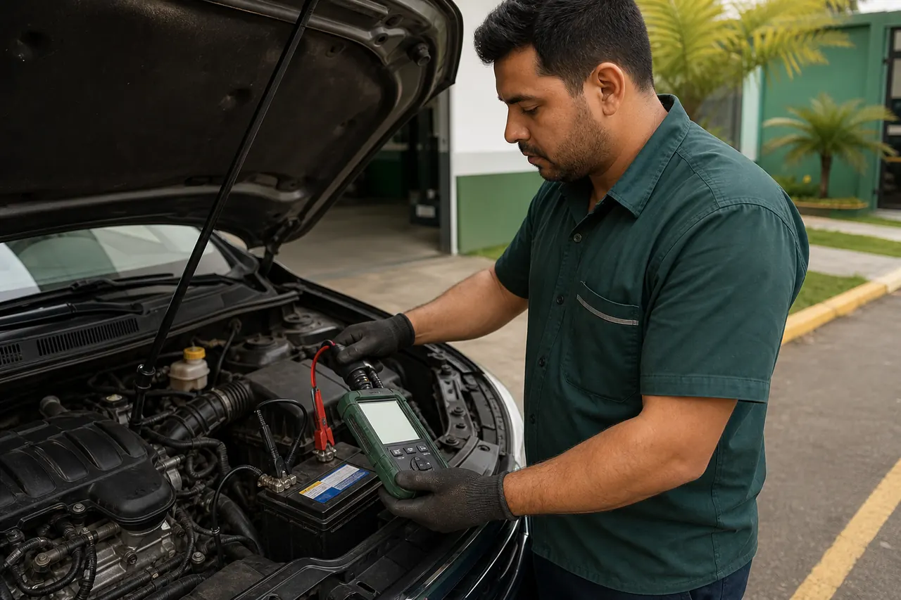 Técnico realizando diagnóstico eletrônico da bateria instalada em um carro